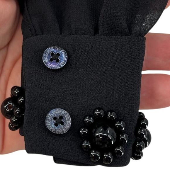 Ted Baker Klaree Top Blouse Beaded Jeweled Neckline Sheer Black Size 3 US 8 - Picture 7 of 12